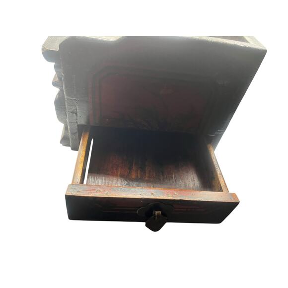 Antique Chinese Carved Red Lacquered Box with Lid & Side Drawer Signed on Bottom - Picture 6 of 12